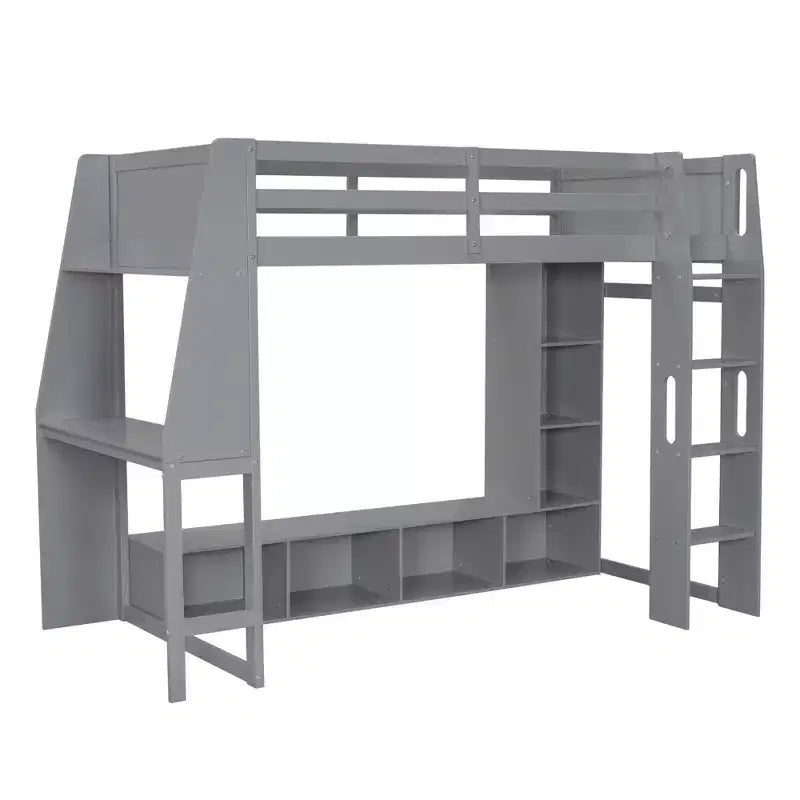 Letto a soppalco da gioco singolo con scrivania e LED, struttura letto a soppalco in legno con ripiani e appendiabiti