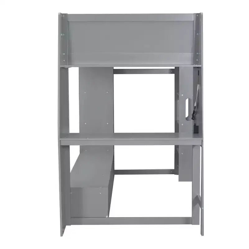 Letto a soppalco da gioco singolo con scrivania e LED, struttura letto a soppalco in legno con ripiani e appendiabiti