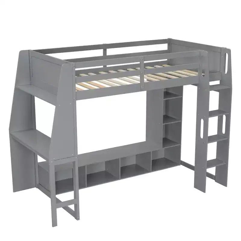 Letto a soppalco da gioco singolo con scrivania e LED, struttura letto a soppalco in legno con ripiani e appendiabiti