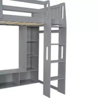 Letto a soppalco da gioco singolo con scrivania e LED, struttura letto a soppalco in legno con ripiani e appendiabiti