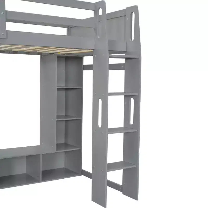 Letto a soppalco da gioco singolo con scrivania e LED, struttura letto a soppalco in legno con ripiani e appendiabiti