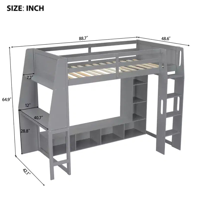 Letto a soppalco da gioco singolo con scrivania e LED, struttura letto a soppalco in legno con ripiani e appendiabiti