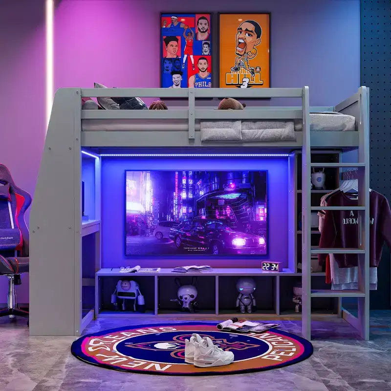 Letto a soppalco da gioco singolo con scrivania e LED, struttura letto a soppalco in legno con ripiani e appendiabiti