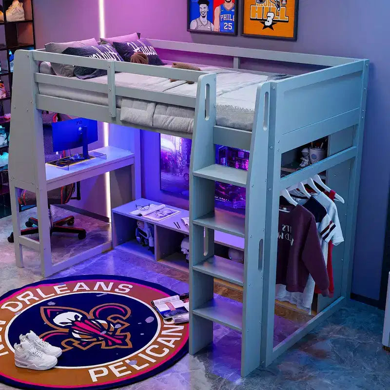 Letto a soppalco da gioco singolo con scrivania e LED, struttura letto a soppalco in legno con ripiani e appendiabiti