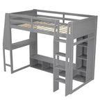Letto a soppalco da gioco singolo con scrivania e LED, struttura letto a soppalco in legno con ripiani e appendiabiti
