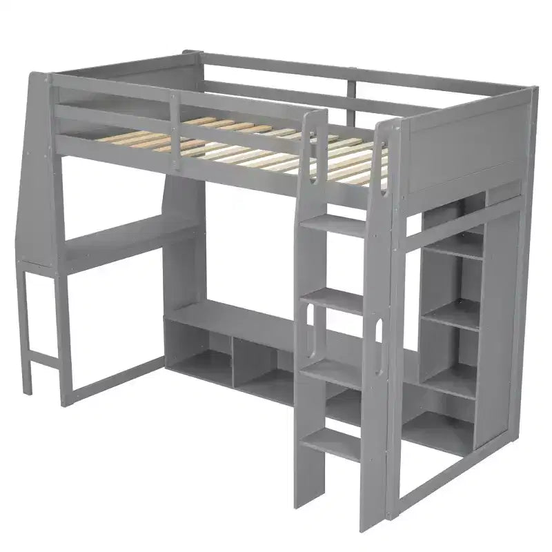 Letto a soppalco da gioco singolo con scrivania e LED, struttura letto a soppalco in legno con ripiani e appendiabiti