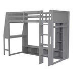 Letto a soppalco da gioco singolo con scrivania e LED, struttura letto a soppalco in legno con ripiani e appendiabiti