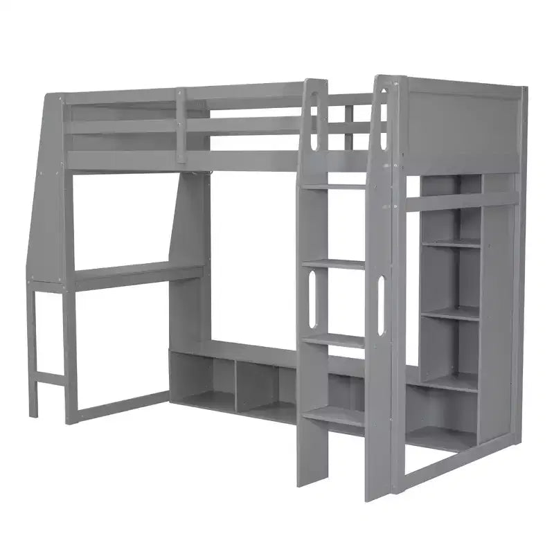 Letto a soppalco da gioco singolo con scrivania e LED, struttura letto a soppalco in legno con ripiani e appendiabiti