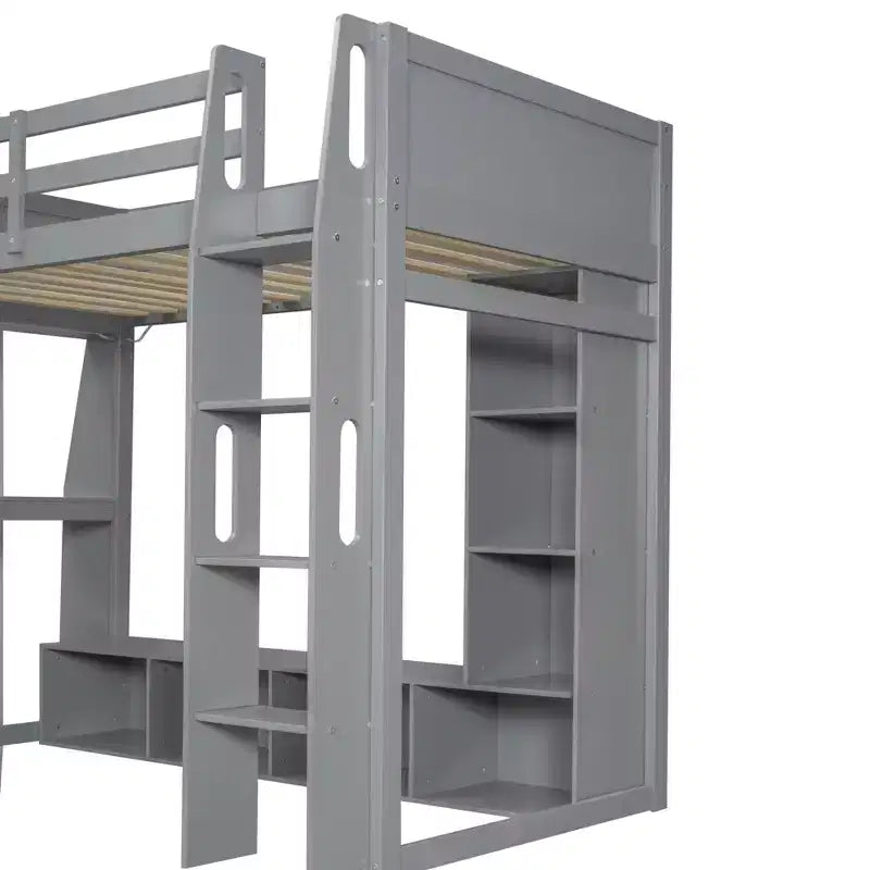 Letto a soppalco da gioco singolo con scrivania e LED, struttura letto a soppalco in legno con ripiani e appendiabiti