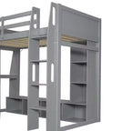 Letto a soppalco da gioco singolo con scrivania e LED, struttura letto a soppalco in legno con ripiani e appendiabiti