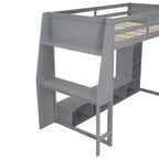 Letto a soppalco da gioco singolo con scrivania e LED, struttura letto a soppalco in legno con ripiani e appendiabiti