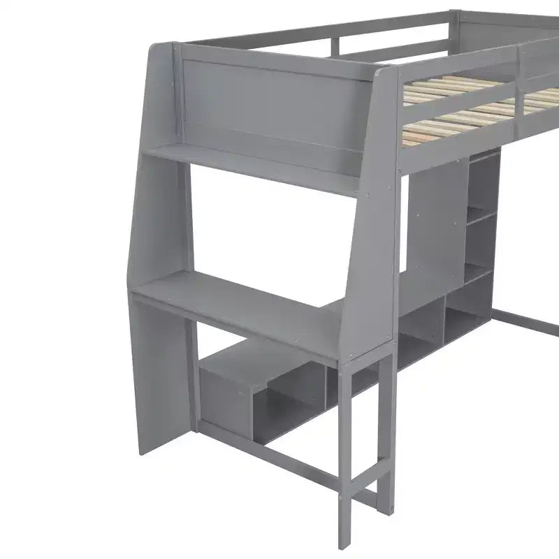 Letto a soppalco da gioco singolo con scrivania e LED, struttura letto a soppalco in legno con ripiani e appendiabiti
