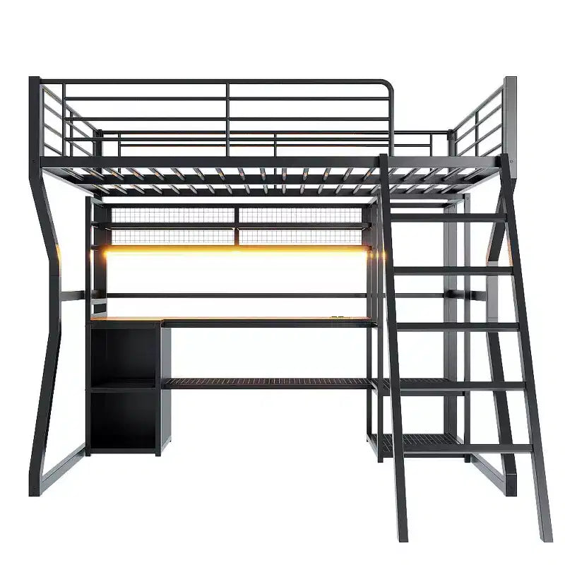 Letto a soppalco Full Metal Gaming con LED e postazione di lavoro integrata, letto a soppalco alto Full Size con armadio contenitore, nero