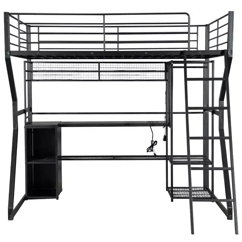 Letto a soppalco Full Metal Gaming con LED e postazione di lavoro integrata, letto a soppalco alto Full Size con armadio contenitore, nero