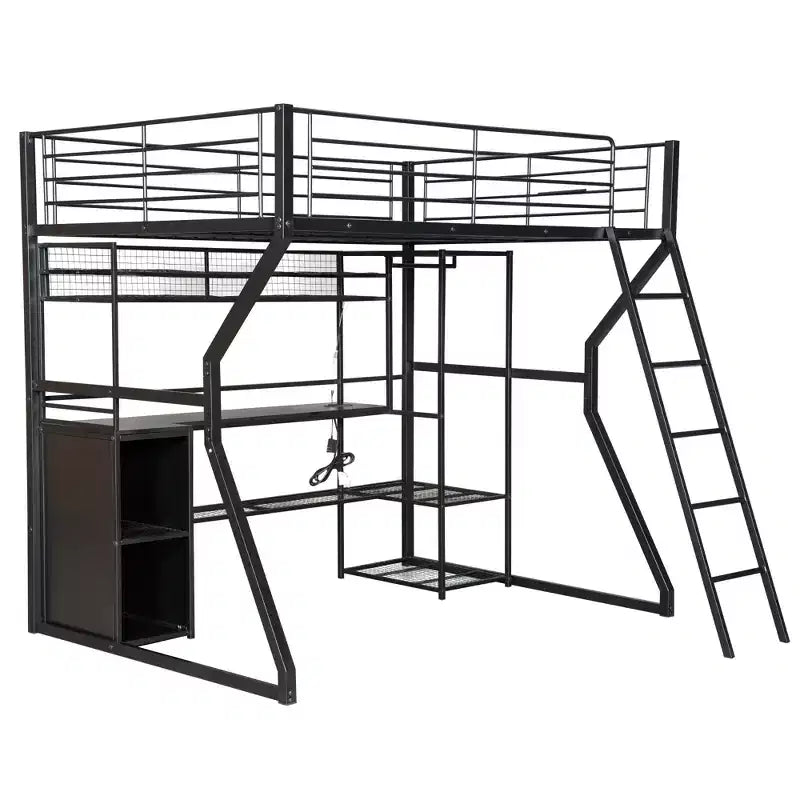 Letto a soppalco Full Metal Gaming con LED e postazione di lavoro integrata, letto a soppalco alto Full Size con armadio contenitore, nero