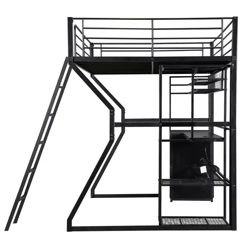 Letto a soppalco Full Metal Gaming con LED e postazione di lavoro integrata, letto a soppalco alto Full Size con armadio contenitore, nero