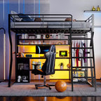 Letto a soppalco Full Metal Gaming con LED e postazione di lavoro integrata, letto a soppalco alto Full Size con armadio contenitore, nero