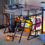 Letto a soppalco Full Metal Gaming con LED e postazione di lavoro integrata, letto a soppalco alto Full Size con armadio contenitore, nero
