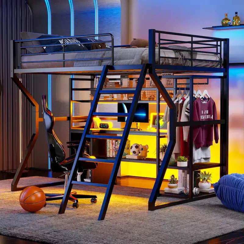 Letto a soppalco Full Metal Gaming con LED e postazione di lavoro integrata, letto a soppalco alto Full Size con armadio contenitore, nero