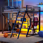 Letto a soppalco Full Metal Gaming con LED e postazione di lavoro integrata, letto a soppalco alto Full Size con armadio contenitore, nero