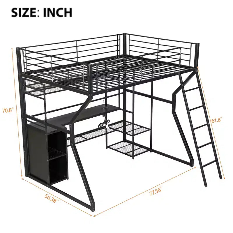 Letto a soppalco Full Metal Gaming con LED e postazione di lavoro integrata, letto a soppalco alto Full Size con armadio contenitore, nero
