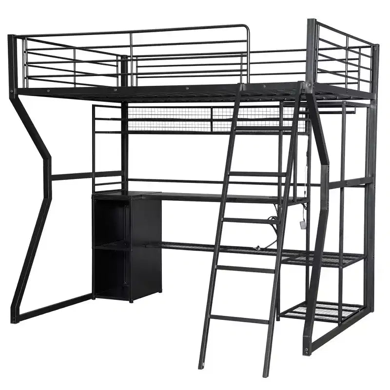 Letto a soppalco Full Metal Gaming con LED e postazione di lavoro integrata, letto a soppalco alto Full Size con armadio contenitore, nero