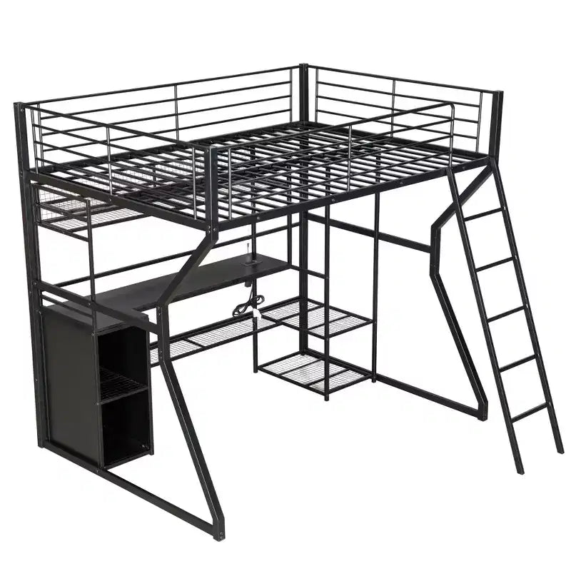 Letto a soppalco Full Metal Gaming con LED e postazione di lavoro integrata, letto a soppalco alto Full Size con armadio contenitore, nero
