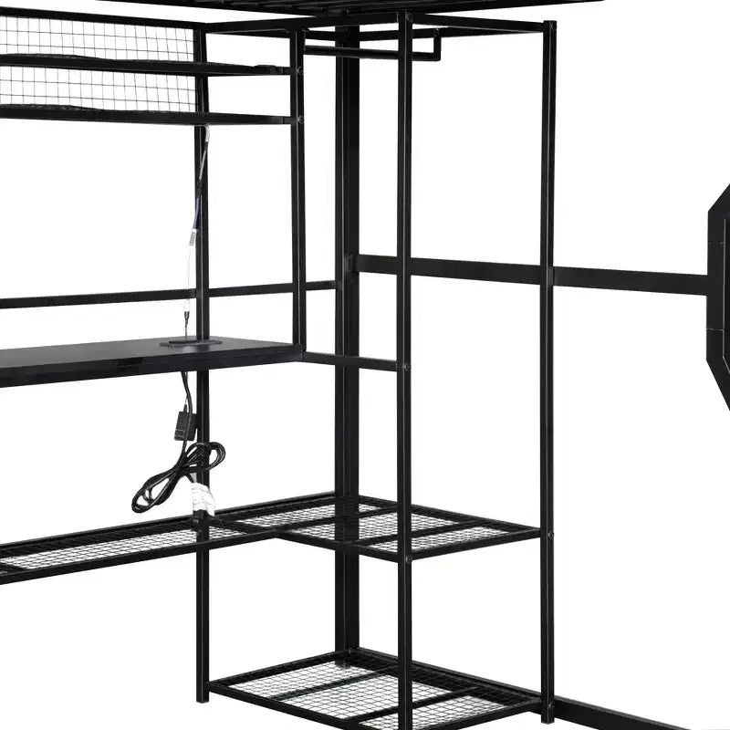Letto a soppalco Full Metal Gaming con LED e postazione di lavoro integrata, letto a soppalco alto Full Size con armadio contenitore, nero
