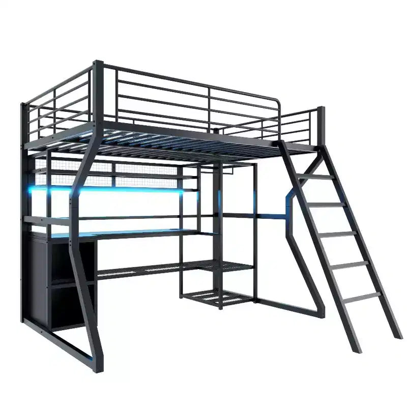 Letto a soppalco Full Metal Gaming con LED e postazione di lavoro integrata, letto a soppalco alto Full Size con armadio contenitore, nero