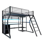 Letto a soppalco Full Metal Gaming con LED e postazione di lavoro integrata, letto a soppalco alto Full Size con armadio contenitore, nero