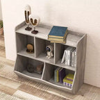 Armadio porta giocattoli per bambini con 3 ripiani aperti e 2 contenitori inclinabili per libri e giocattoli, design antiribaltamento, mobiletto in legno resistente per cameretta e sala giochi