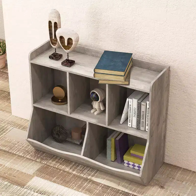 Armadio porta giocattoli per bambini con 3 ripiani aperti e 2 contenitori inclinabili per libri e giocattoli, design antiribaltamento, mobiletto in legno resistente per cameretta e sala giochi