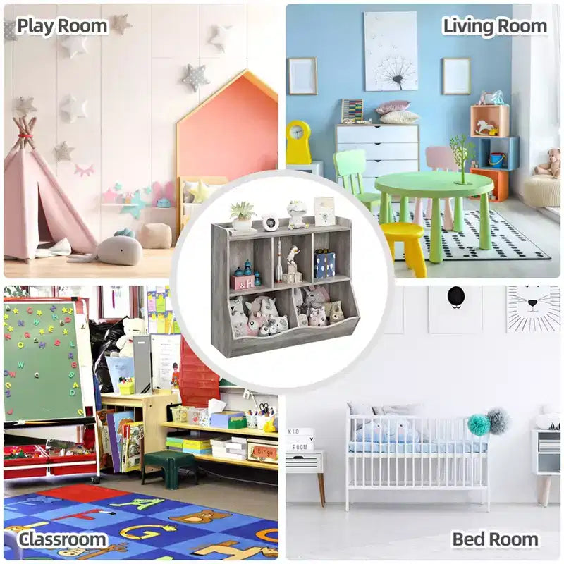 Armadio porta giocattoli per bambini con 3 ripiani aperti e 2 contenitori inclinabili per libri e giocattoli, design antiribaltamento, mobiletto in legno resistente per cameretta e sala giochi