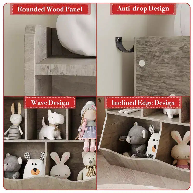 Armadio porta giocattoli per bambini con 3 ripiani aperti e 2 contenitori inclinabili per libri e giocattoli, design antiribaltamento, mobiletto in legno resistente per cameretta e sala giochi