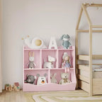 Armadio porta giocattoli per bambini con 3 ripiani aperti e 2 contenitori inclinabili per libri e giocattoli, design antiribaltamento, mobiletto in legno resistente per cameretta e sala giochi