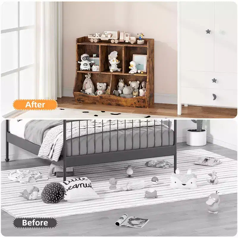 Armadio porta giocattoli per bambini con 3 ripiani aperti e 2 contenitori inclinabili per libri e giocattoli, design antiribaltamento, mobiletto in legno resistente per cameretta e sala giochi