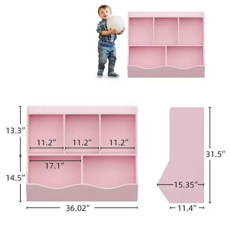 Armadio porta giocattoli per bambini con 3 ripiani aperti e 2 contenitori inclinabili per libri e giocattoli, design antiribaltamento, mobiletto in legno resistente per cameretta e sala giochi