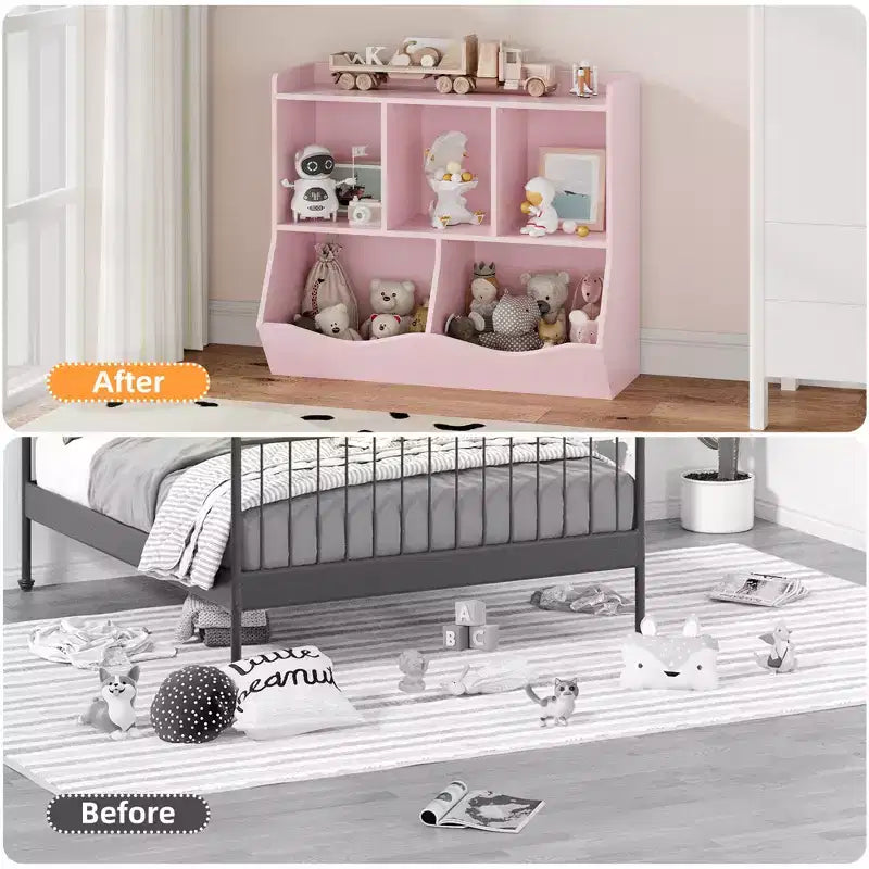Armadio porta giocattoli per bambini con 3 ripiani aperti e 2 contenitori inclinabili per libri e giocattoli, design antiribaltamento, mobiletto in legno resistente per cameretta e sala giochi