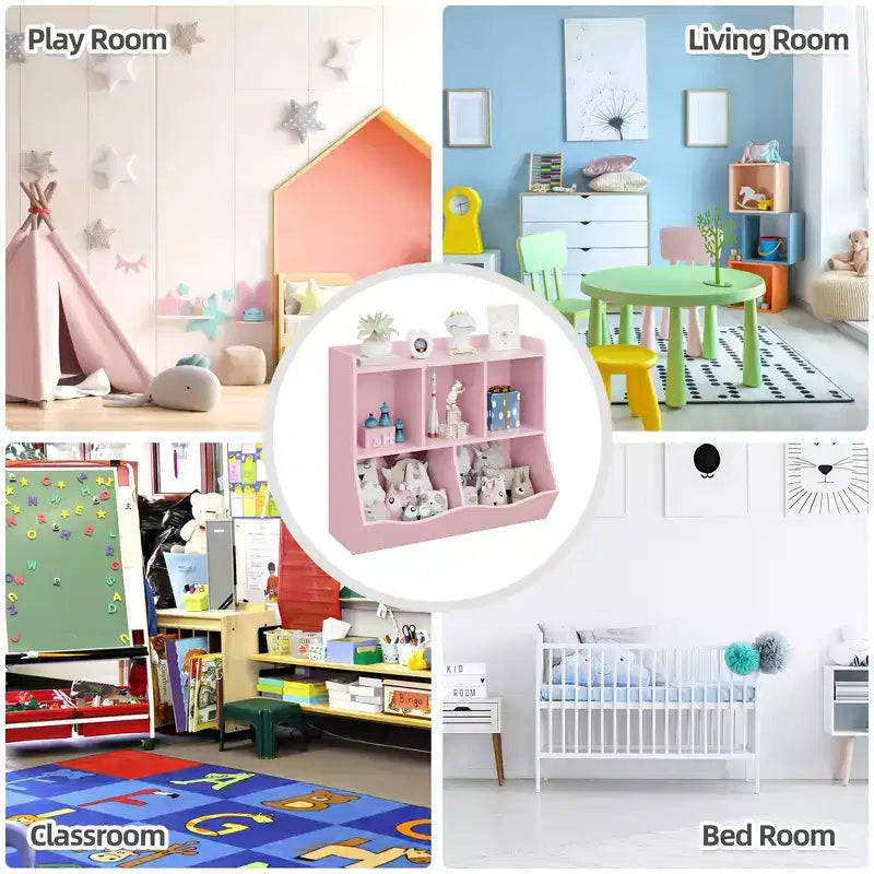 Armadio porta giocattoli per bambini con 3 ripiani aperti e 2 contenitori inclinabili per libri e giocattoli, design antiribaltamento, mobiletto in legno resistente per cameretta e sala giochi