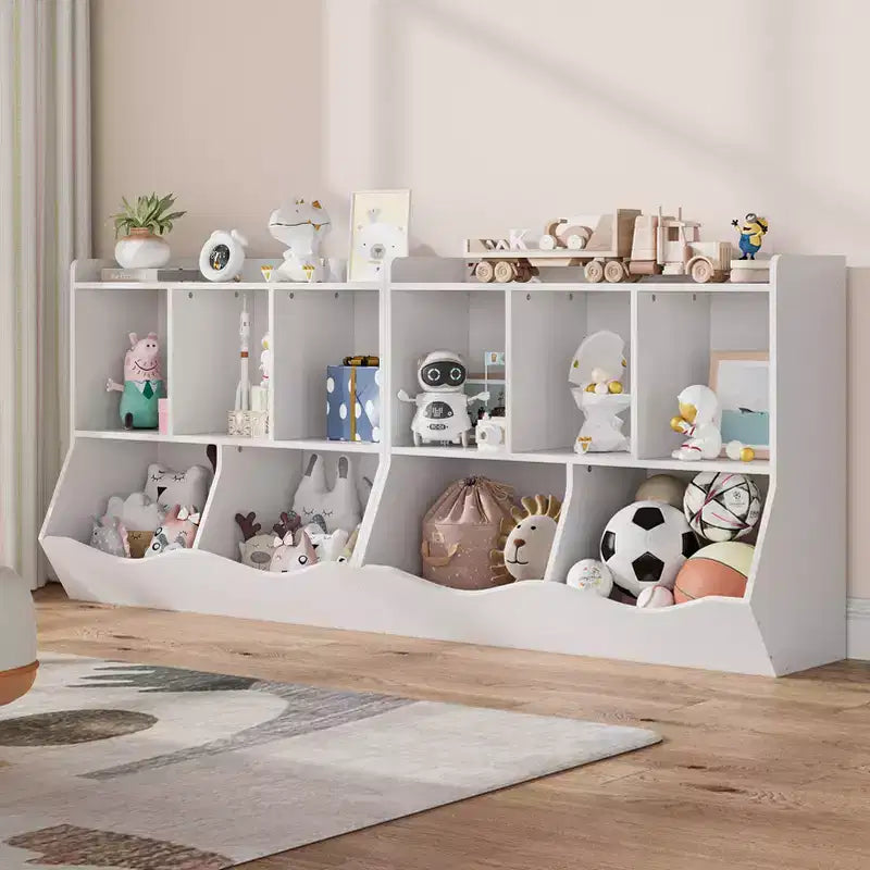 Armadio porta giocattoli per bambini con 3 ripiani aperti e 2 contenitori inclinabili per libri e giocattoli, design antiribaltamento, mobiletto in legno resistente per cameretta e sala giochi