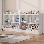 Armadio porta giocattoli per bambini con 3 ripiani aperti e 2 contenitori inclinabili per libri e giocattoli, design antiribaltamento, mobiletto in legno resistente per cameretta e sala giochi