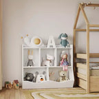Armadio porta giocattoli per bambini con 3 ripiani aperti e 2 contenitori inclinabili per libri e giocattoli, design antiribaltamento, mobiletto in legno resistente per cameretta e sala giochi
