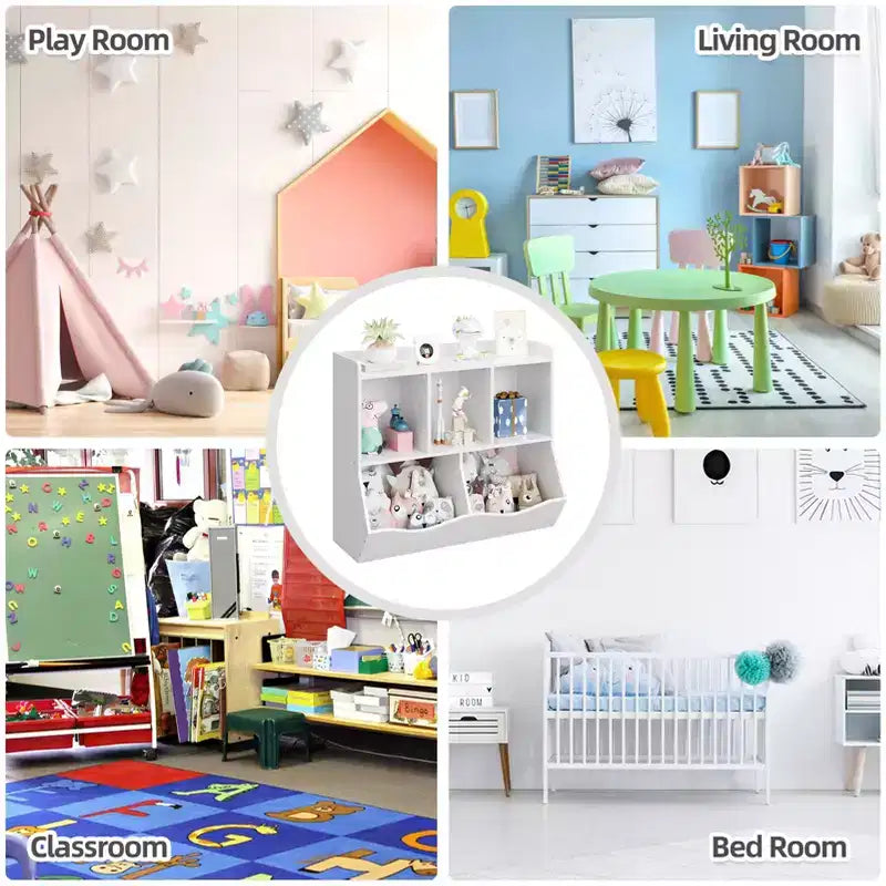 Armadio porta giocattoli per bambini con 3 ripiani aperti e 2 contenitori inclinabili per libri e giocattoli, design antiribaltamento, mobiletto in legno resistente per cameretta e sala giochi