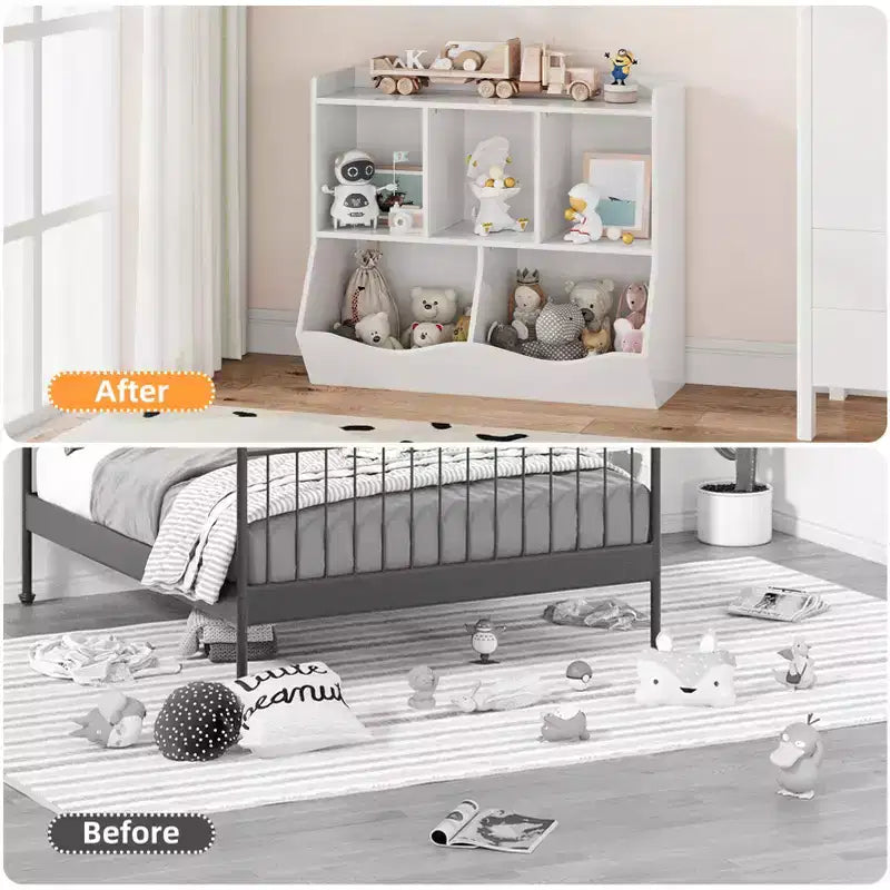 Armadio porta giocattoli per bambini con 3 ripiani aperti e 2 contenitori inclinabili per libri e giocattoli, design antiribaltamento, mobiletto in legno resistente per cameretta e sala giochi