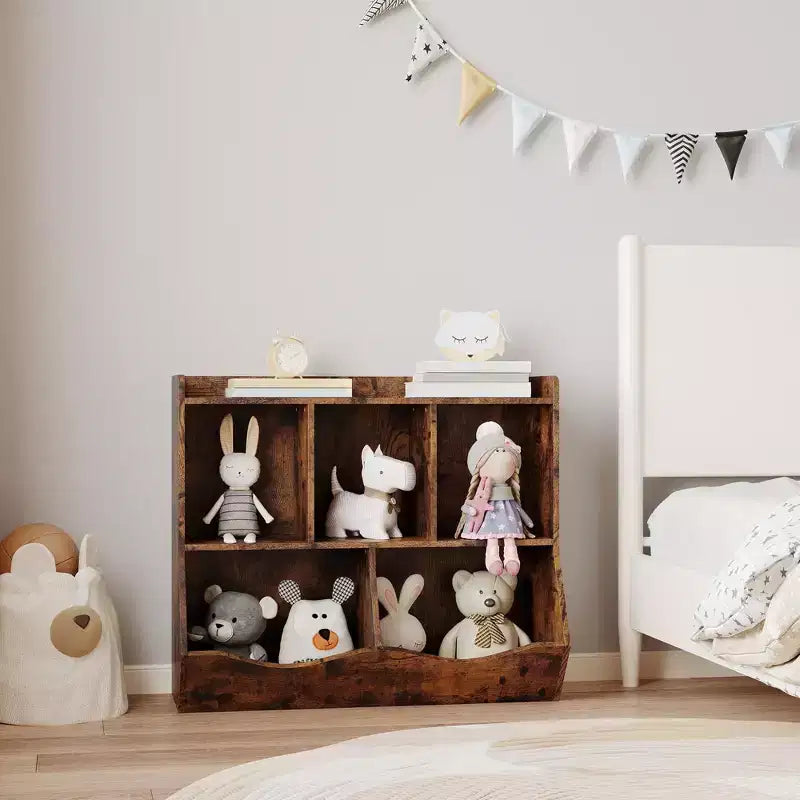 Armadio porta giocattoli per bambini con 3 ripiani aperti e 2 contenitori inclinabili per libri e giocattoli, design antiribaltamento, mobiletto in legno resistente per cameretta e sala giochi