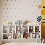 Armadio porta giocattoli per bambini con 3 ripiani aperti e 2 contenitori inclinabili per libri e giocattoli, design antiribaltamento, mobiletto in legno resistente per cameretta e sala giochi