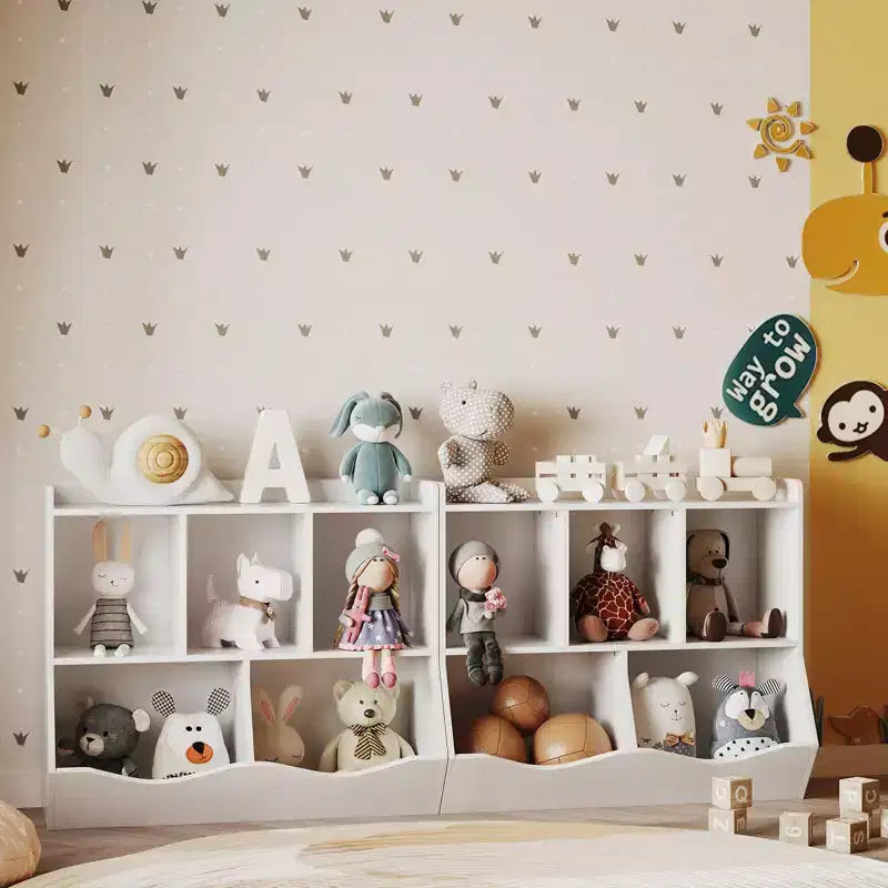 Armadio porta giocattoli per bambini con 3 ripiani aperti e 2 contenitori inclinabili per libri e giocattoli, design antiribaltamento, mobiletto in legno resistente per cameretta e sala giochi