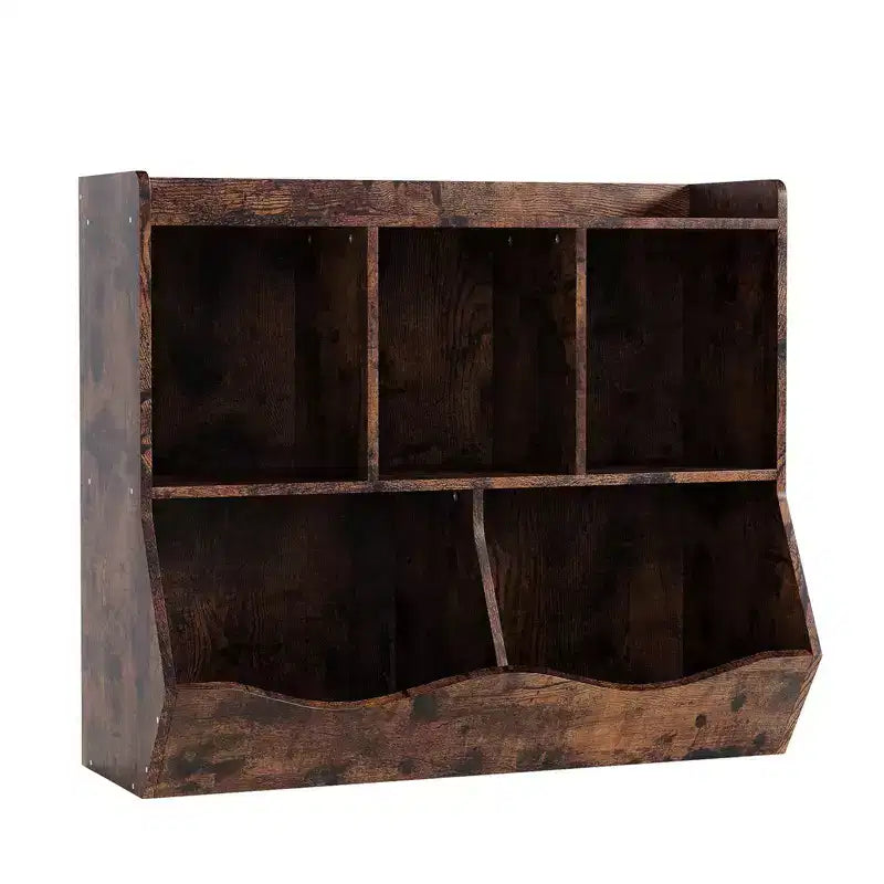 Armadio porta giocattoli per bambini con 3 ripiani aperti e 2 contenitori inclinabili per libri e giocattoli, design antiribaltamento, mobiletto in legno resistente per cameretta e sala giochi
