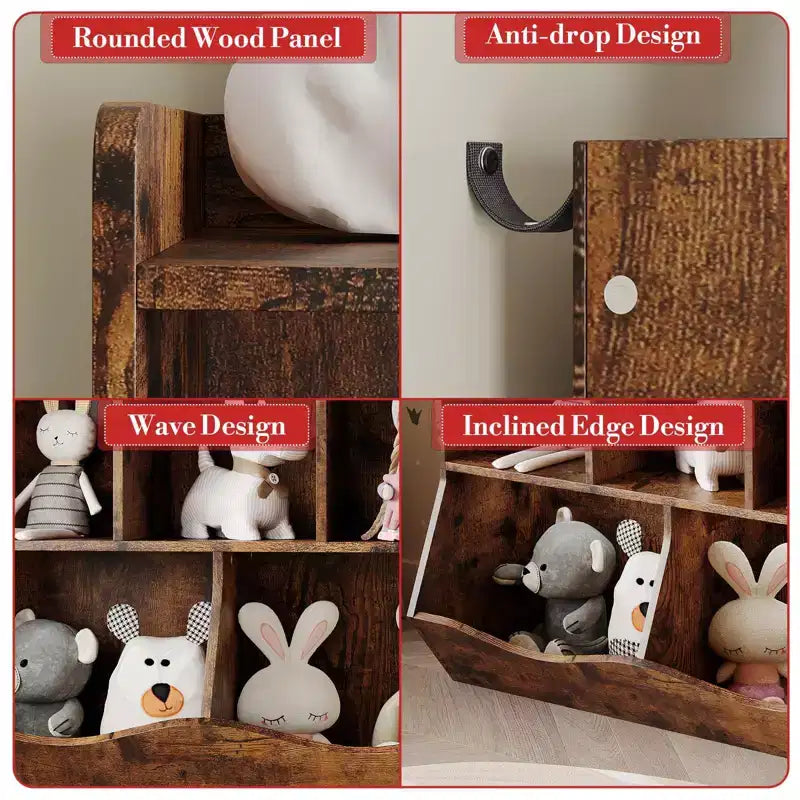 Armadio porta giocattoli per bambini con 3 ripiani aperti e 2 contenitori inclinabili per libri e giocattoli, design antiribaltamento, mobiletto in legno resistente per cameretta e sala giochi