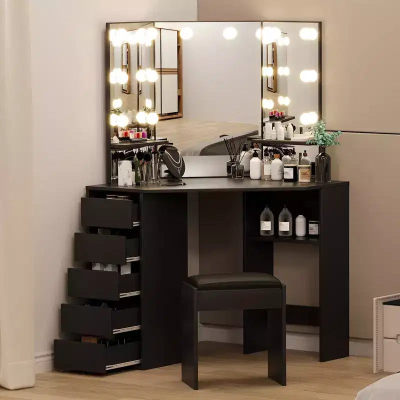 Toeletta angolare con specchio e luci, tavolo da trucco con sgabello, grande toeletta con 5 cassetti, mobile trucco per camera da letto